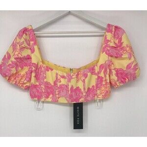 White Fox Womens  Top Cropped Floral Boho Off Shoulder White Pink/Yellow Size‎ L